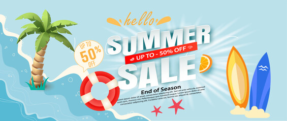 Summer sale banner and poster design with tropical beach background Vector. Realistic big and super sale summer vacation background design.