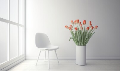 Minimalistic White Elegance: Chair and Tulip Vase by Window