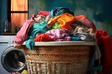 A pile of colored clothes in a laundry basket ready to be washed with a washing machine in the background