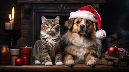 cat and dog wearing adorable Santa Claus outfits while sitting side by side next to a festively adorned fireplace