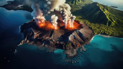 a horizontal layout of a Volcano erupting on a tropical island in an Environmental-themed JPG format. Generative AI