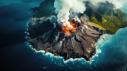 a horizontal layout of a Volcano erupting on a tropical island in an Environmental-themed JPG format. Generative AI
