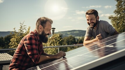 Happy solar panel owners on the roof of the house, LGBTQ solar panel owner - obrazy, fototapety, plakaty