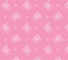 Seamless pattern with gift boxes and small hearts. Vector illustration. Happy birthday , Christmas, New Year concepts.
