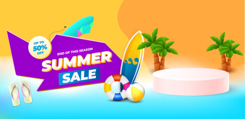 Summer sale banner and poster design with tropical beach background Vector. Realistic big and super sale summer vacation background design.