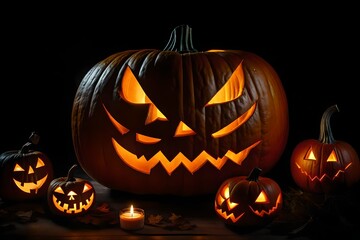 A group of mischievous pumpkins with wicked grins, each carved into a different spooky face, illuminated by the flickering candlelight