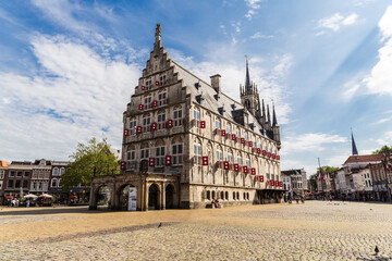 View of the city hall in Gouda, Netherlands. Zuid-Holland. Sightseeing with blue sky