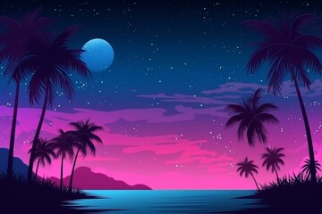 Fototapeta na wymiar Starry night on tropical island with pink and blue heaven background for Valentines Day. Generative AI