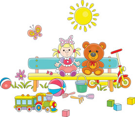 Funny toys of little kids around a colorful small bench on a playground in a summer park on a warm sunny day, vector cartoon illustration isolated on a white background
