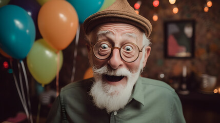 Old man, grandpa, partying, crazy grandfather, celebrating life, and retirement birthday, showing happy emotions, generative AI, illustration