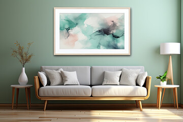 modern living room with sofa and big framed Aquarell image