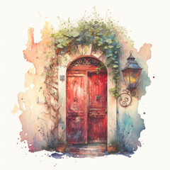 Old Red Door Watercolor. Vintage Door, Lantern and grapevine. Magical Doorway in Fairy Tale House