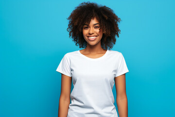 Black woman wearing white shirt mockup, at blue background. Design t-shirt template, print presentation mock-up. AI generated - obrazy, fototapety, plakaty