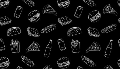Seamless pattern with fast food, hot dog, taco, cheeseburger, sandwich, pizza and soft drinks on black background.