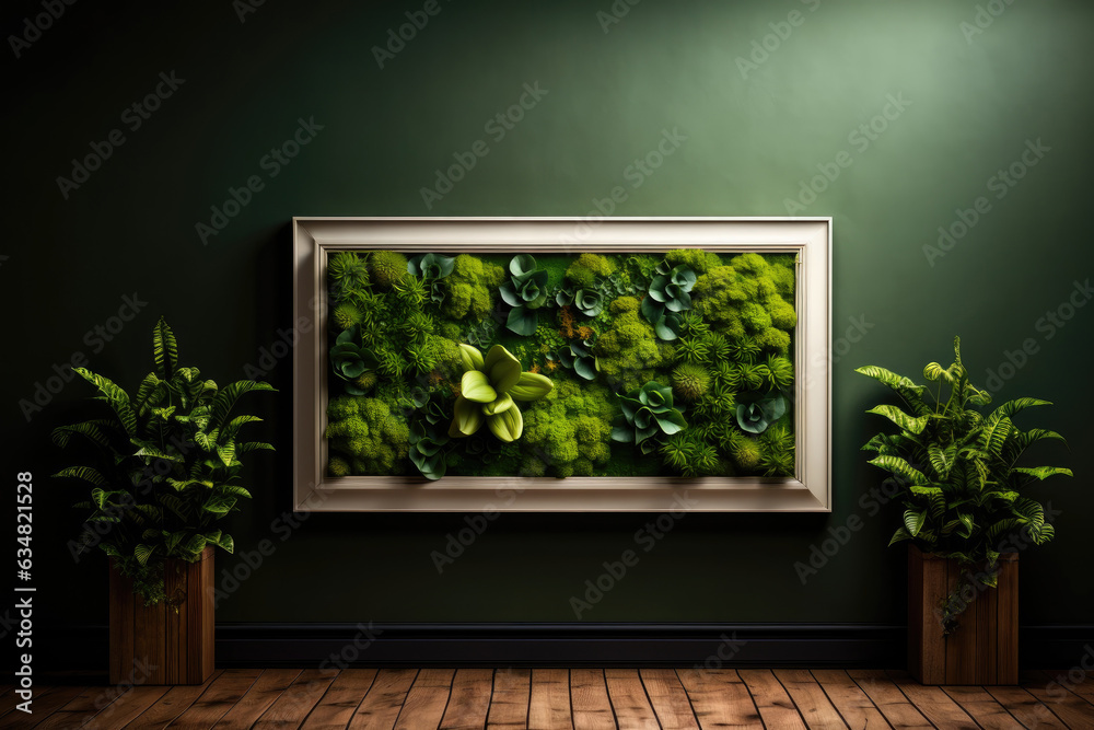 Poster Green moos art in  wooden frame on the wall