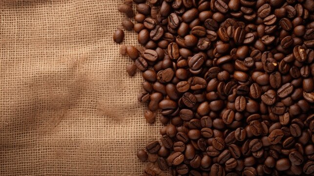  Coffee beans on slate, with a burlap bag, with room for copy, as a Horizontal background, in a Barista advert-themed, of photorealistic illustration in JPG. Generative ai