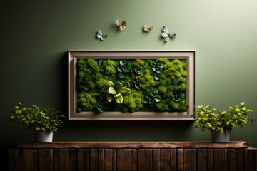 Green moos art in frame on the green wall with butterfly 