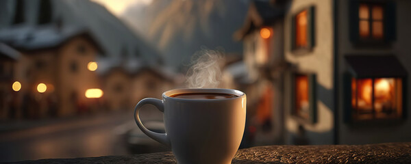 Cup of delicious coffee on background of Alps. Copy space