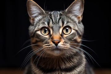 closeup portrait of gray tabby cat isolated on black background - Powered by Adobe
