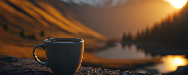 Cup of delicious coffee on background of Alps. Copy space - obrazy, fototapety, plakaty