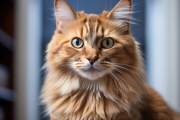 close up portrait of a very fluffy ginger adult cat with a blurred background
