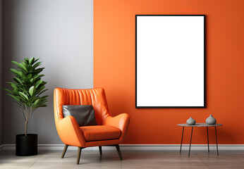 mockup picture frame on wall in minimalist bright interior with orange armchair, small table and houseplant - obrazy, fototapety, plakaty