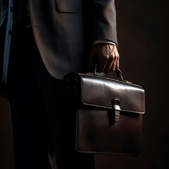 Man in a suit holding a leather briefcase, business meeting, lawyer, dark background - created with generative AI technology