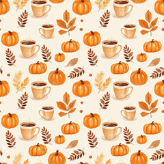 seamless pattern hand painted orange pumpkin, coffee latte, red autumn leaves, brown leaves, yellow leaves on white background. Perfect for textile, wedding, greeting card, pattern, texture and more