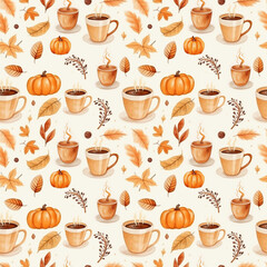 seamless pattern hand painted orange pumpkin, coffee latte, red autumn leaves, brown leaves, yellow leaves on white background. Perfect for textile, wedding, greeting card, pattern, texture and more