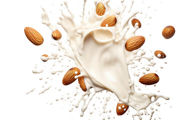 dynamic refreshing almond milk liquid splash with nuts - fresh vegan milk replacement on white background - obrazy, fototapety, plakaty