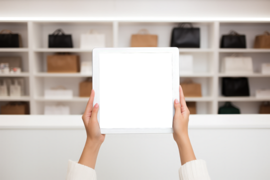 Hand holding tablet, PNG transparent background, shop and promotion concept. Generative AI