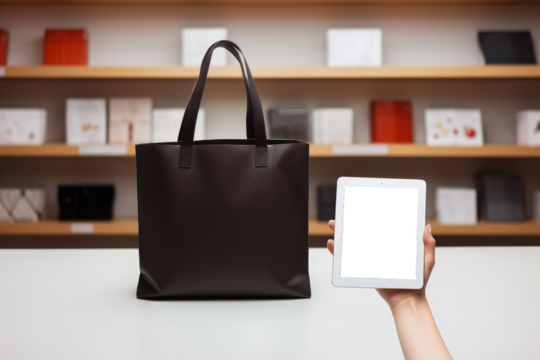 Hand holding tablet, PNG transparent background, shop and promotion concept. Generative AI