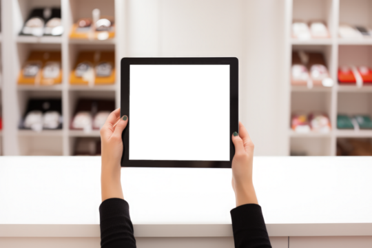 Hand holding tablet, PNG transparent background, shop and promotion concept. Generative AI