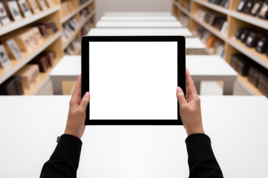 Hand holding tablet, PNG transparent background, shop and promotion concept. Generative AI