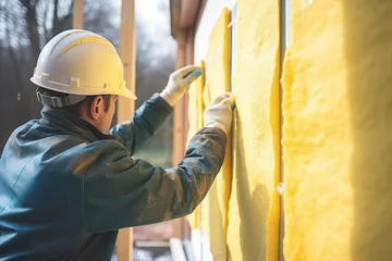 Fotobehang A construction worker is applying thermal insulation using glass wool panels in a wooden house. © SnapVault