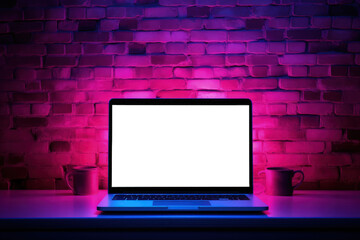 Laptop and brick wall in the background, pink and purple colors, PNG transparent background, sales and promotion concept. Generative AI