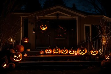 Halloween pumpkins and decorations outside a house. Night view of a house with halloween decoration,