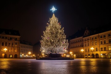 Fototapeta na wymiar Dazzling Christmas Tree: The city square is illuminated by the light of a magnificent Christmas tree and cozy buildings at night.