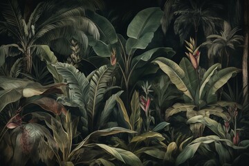 Wallpaper with tropical tree design, dark background, featuring banana trees & foliage in a botanical pattern mural. Generative AI