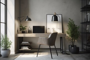 A modern, stylish home office with laptop, plant, and lamp. 3D rendering. Generative AI