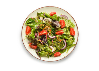 Plate with fresh vegetable salad on white background