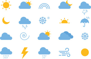 Weather color icons set. Collection of modern flat symbols of weather. Outline meteorology shapes on long banner. Sun, rain, moon, cloud, cold, snow, wind, fog templates. Vector illustration.