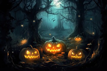 Scary halloween pumpkin, halloween, halloween pumpkin, lights, gloomy forest, sinister pumpkin.