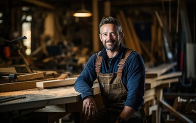 In a sunlit workshop, a masterful carpenter showcases his woodworking talents, evoking the rich scent of wood and the hum of creativity.