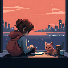 pixel art girl listening to music accompanied by her cat