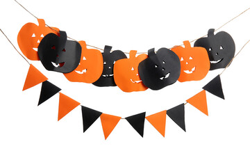 Garlands made of paper flags and pumpkins for Halloween celebration on white background