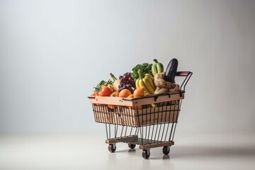 Groceries in a brown cart on white background. Generative AI