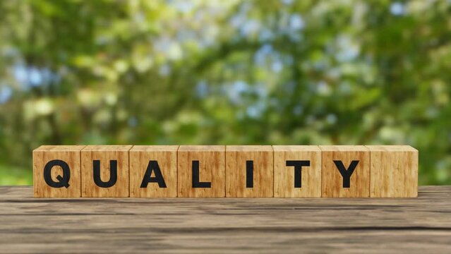 Quality over quantity. 3D Wooden cubes changes the word 'quantity' to 'quality' on wooden table, copy space. Business and quality over quantity concept. 4K 3D animation