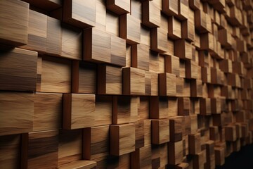Rectangular natural tiled wall with wood and timber blocks. 3D render. Generative AI