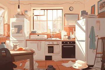 Cluttered kitchen with coffee, appliances, paper, bread, furniture & window. Illustration created with tech. Generative AI